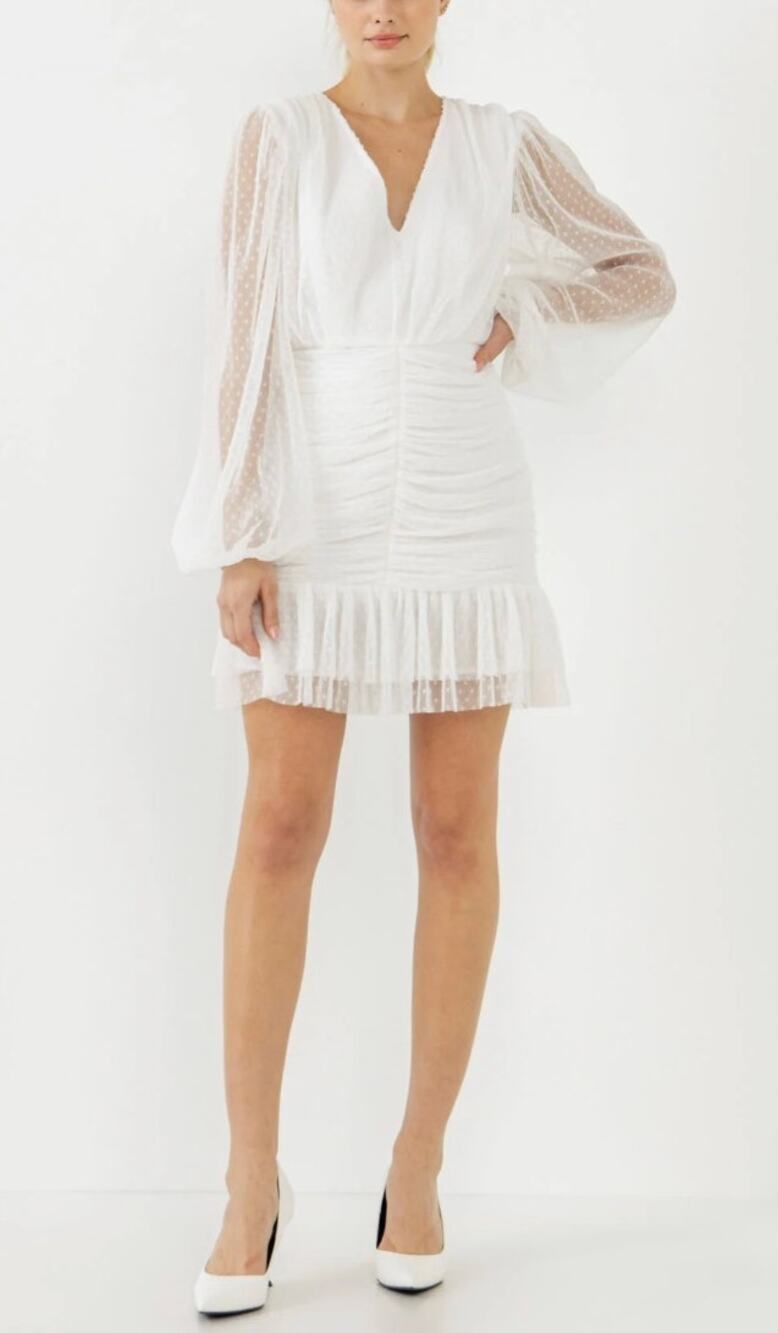 Endless Rose Swiss Dot Ruched White Dress Size Large NWT Elegant Ruched Bodice